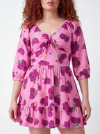 Pink Spring Bee floral print detail on the Molly Mini dress by Pinup Girl Clothing.