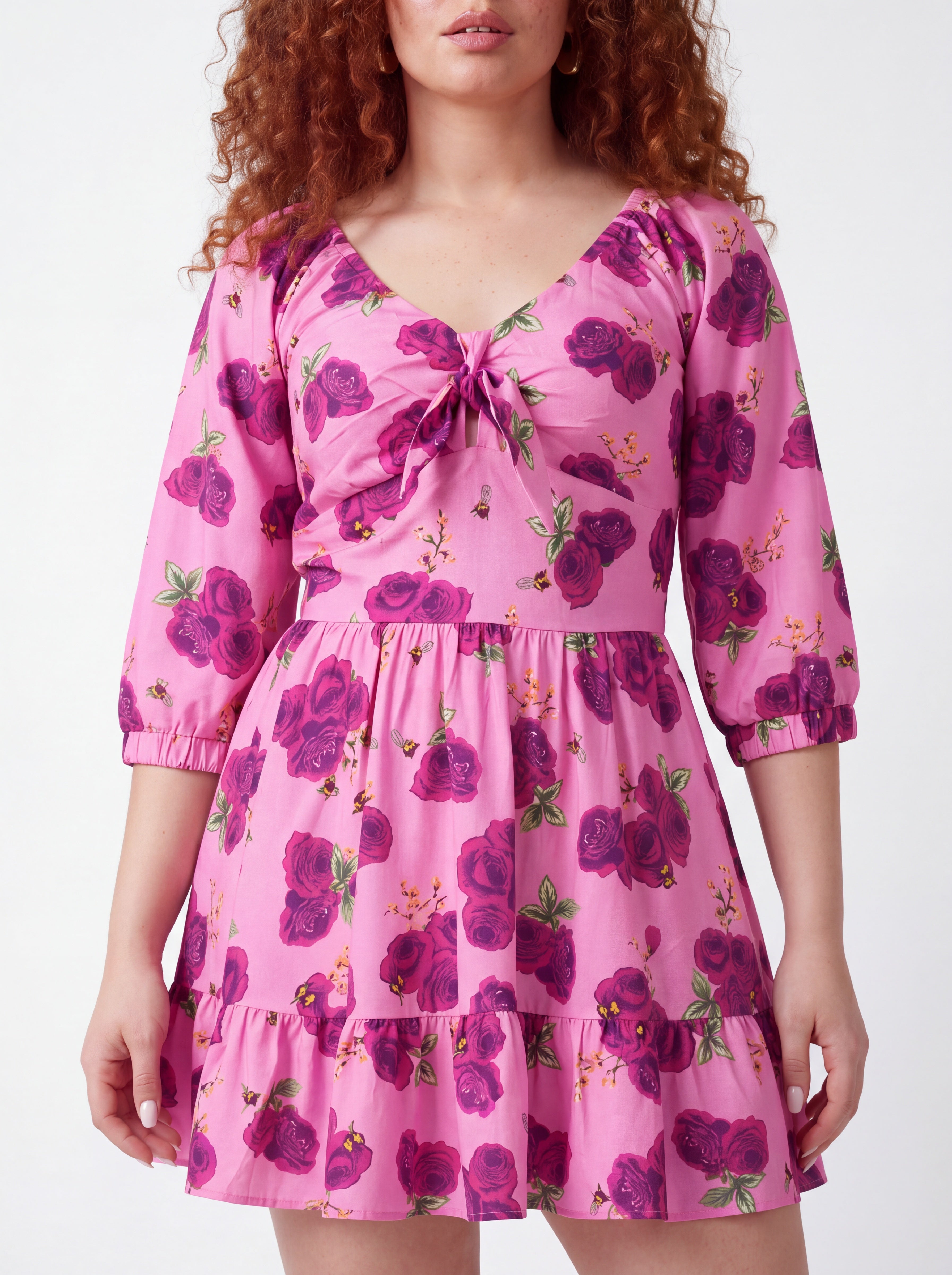 Pink Spring Bee floral print detail on the Molly Mini dress by Pinup Girl Clothing.