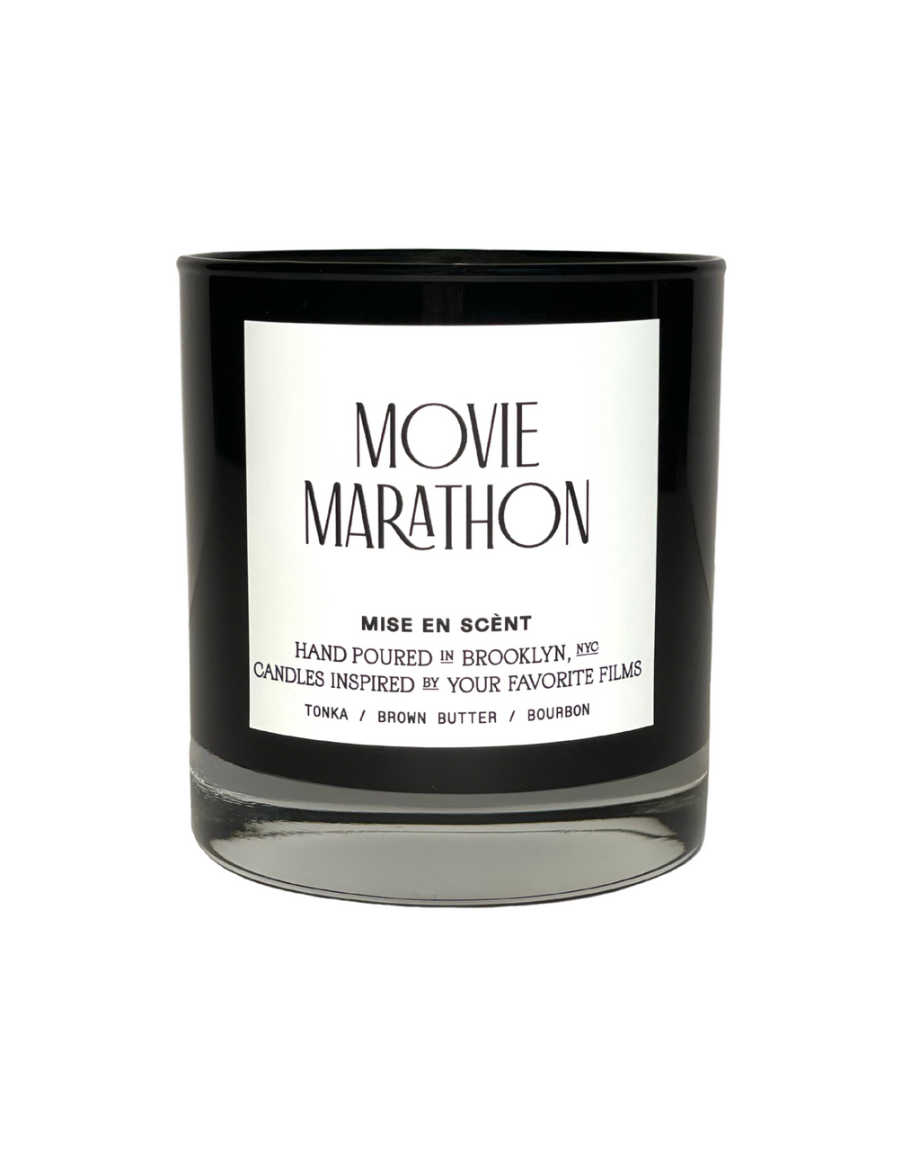 Movie Marathon scented soy candle in a black glass jar