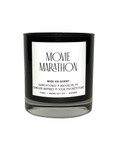Movie Marathon scented soy candle in a black glass jar