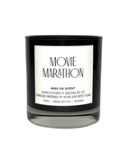 Movie Marathon scented soy candle in a black glass jar