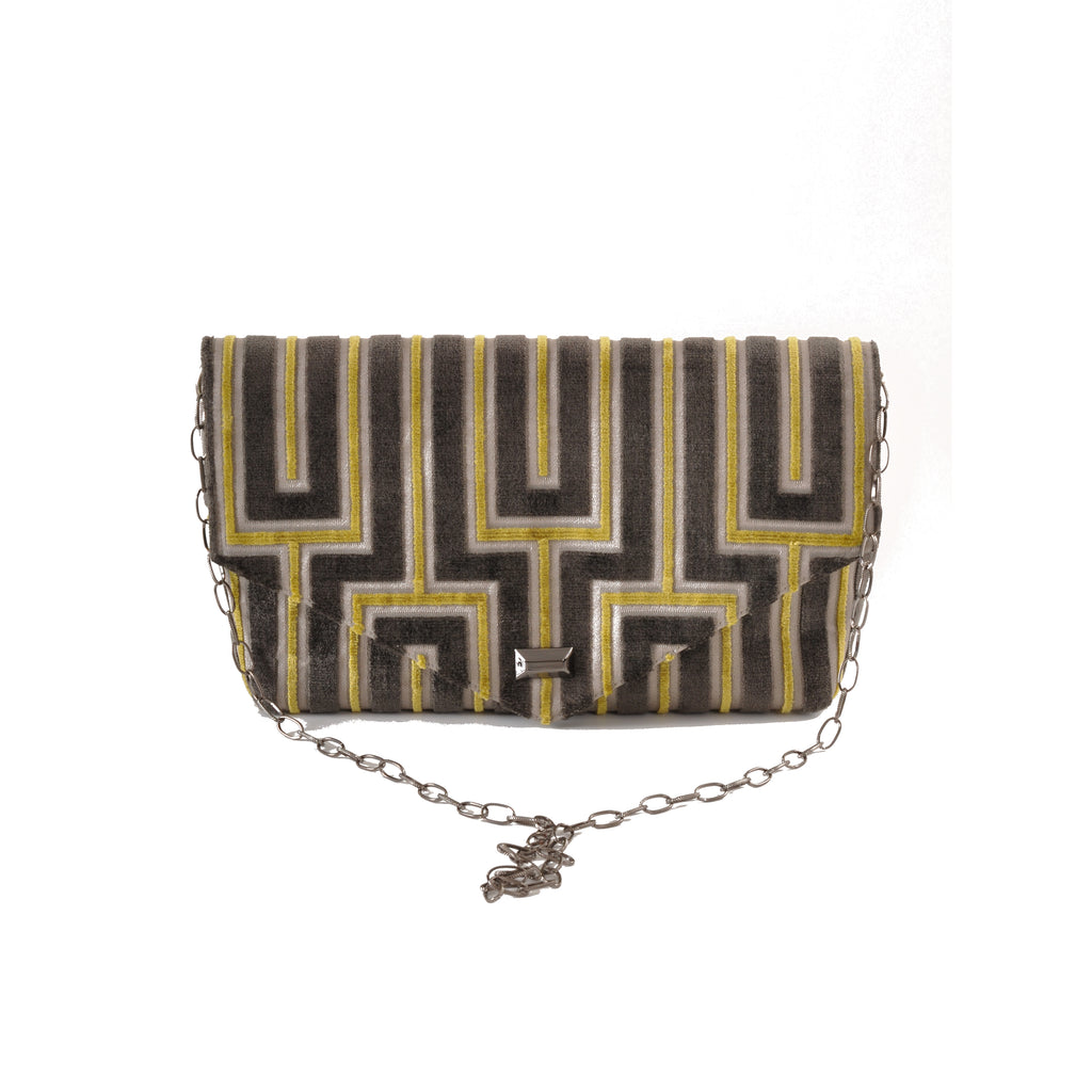 Maze grey and chartreuse cut velvet envelope clutch with silver chain by Pinup Girl Clothing