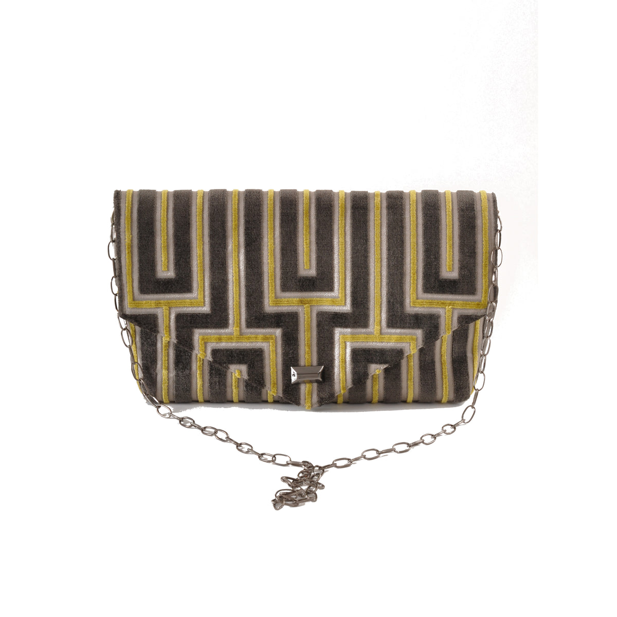 Maze grey and chartreuse cut velvet envelope clutch with silver chain by Pinup Girl Clothing