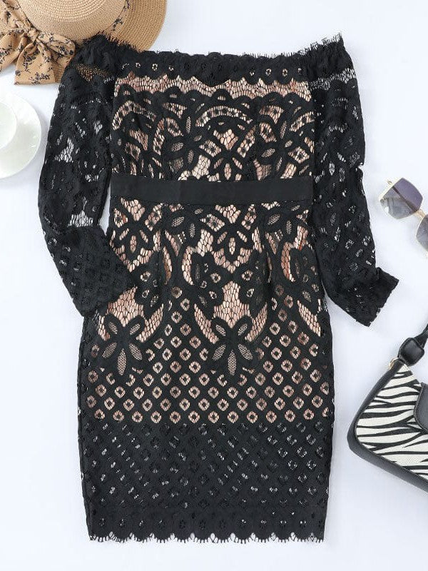 After Hours Off-Shoulder Lace Midi Dress in Black