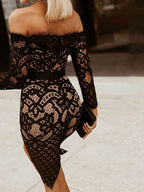 After Hours Off-Shoulder Lace Midi Dress in Black