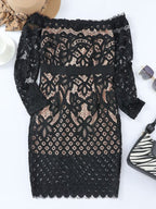 After Hours Off-Shoulder Lace Midi Dress in Black