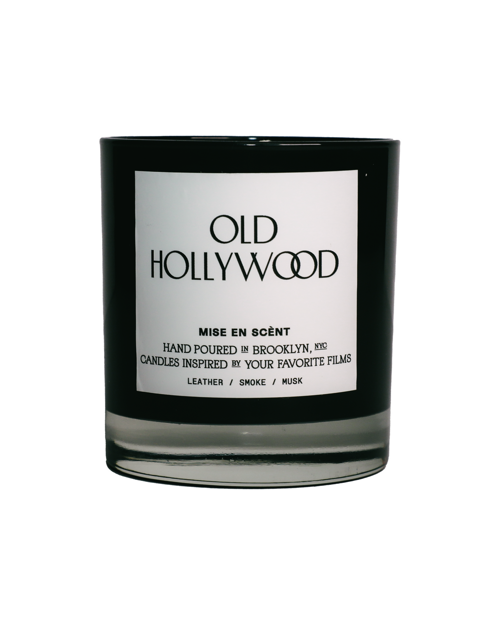 Old Hollywood scented soy candle in a black glass jar