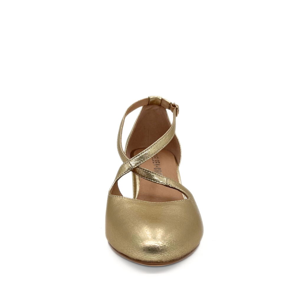 Oren cross-strap block heel in gold
