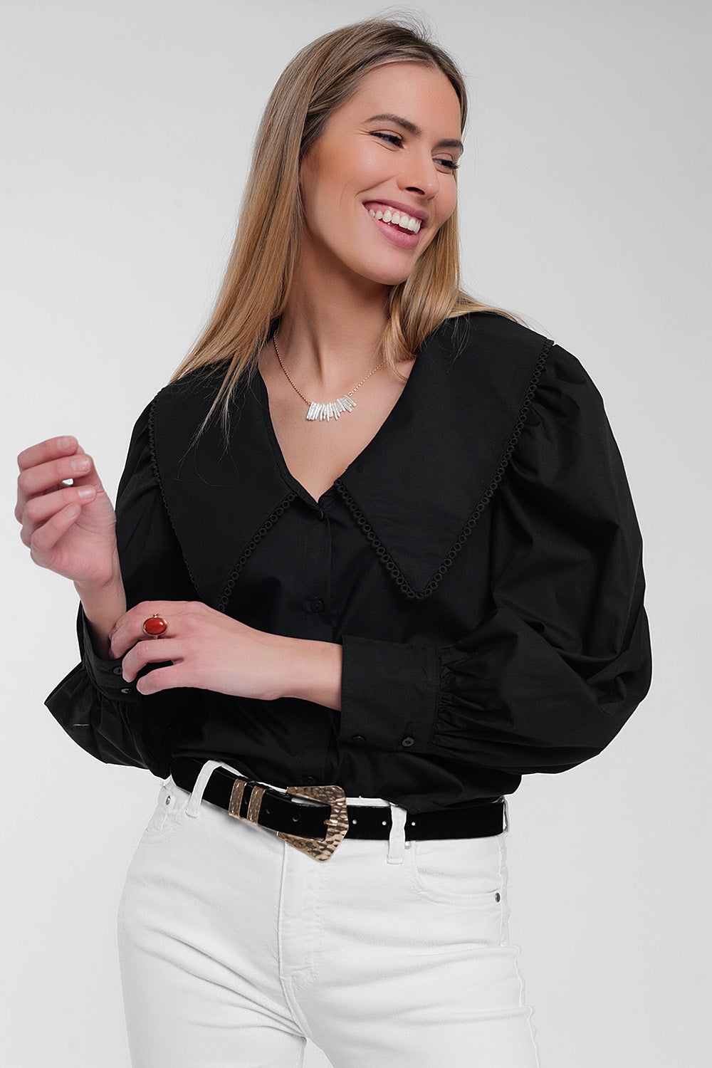 Oversized Statement Collar Button-Up Blouse | Q2