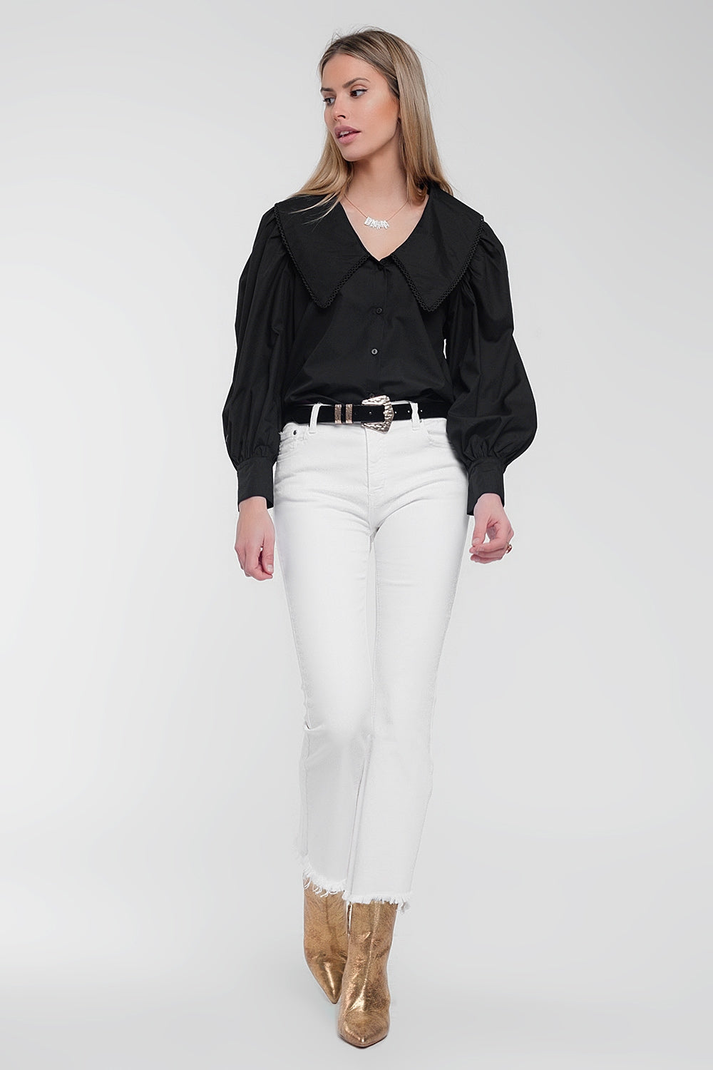 Oversized Statement Collar Button-Up Blouse | Q2