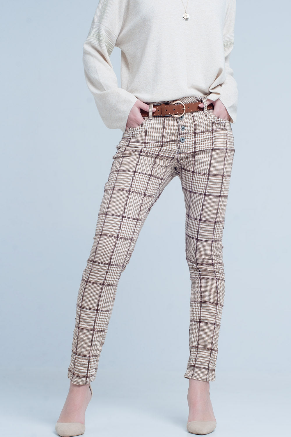 Houndstooth Check Button-Front Pants | Q2