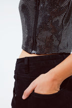 Party Cropped One Shoulder Top With Glitter Detail in Silver