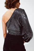 Party Cropped One Shoulder Top With Glitter Detail in Silver