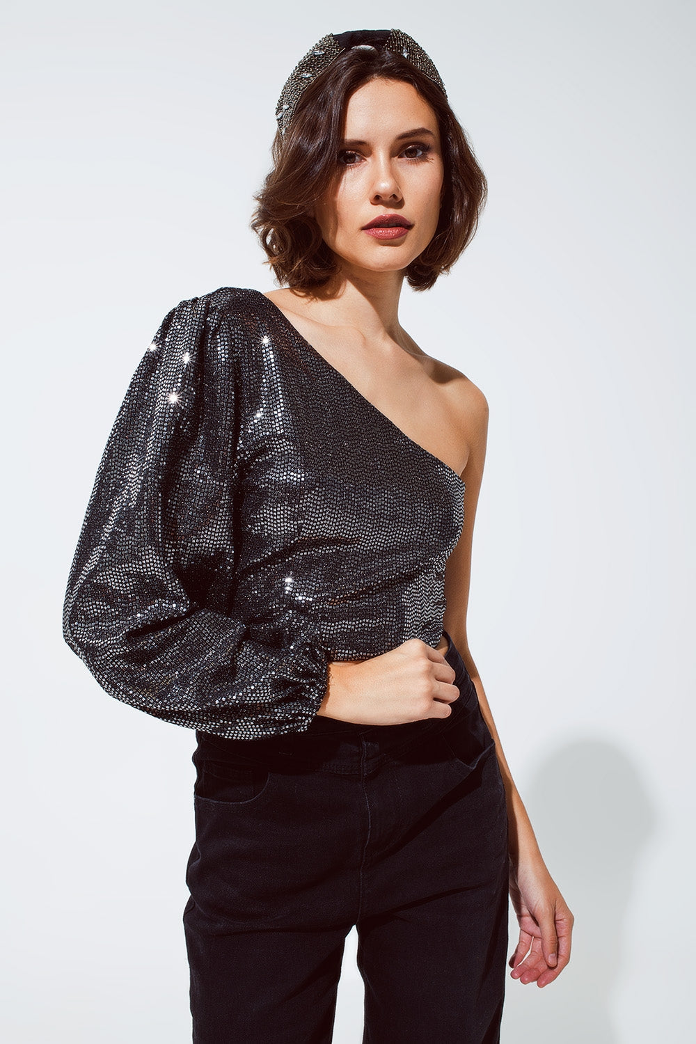 Party Cropped One Shoulder Top With Glitter Detail in Silver