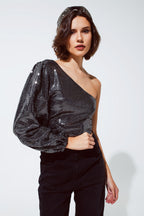 Party Cropped One Shoulder Top With Glitter Detail in Silver