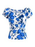 Vintage-inspired peasant top in Fiori Dolce Blue, a blue and white painted floral cotton sateen with an elastic off-the-shoulder neckline and puffed cap sleeves, by Pinup Girl Clothing, sizes XS to 5X