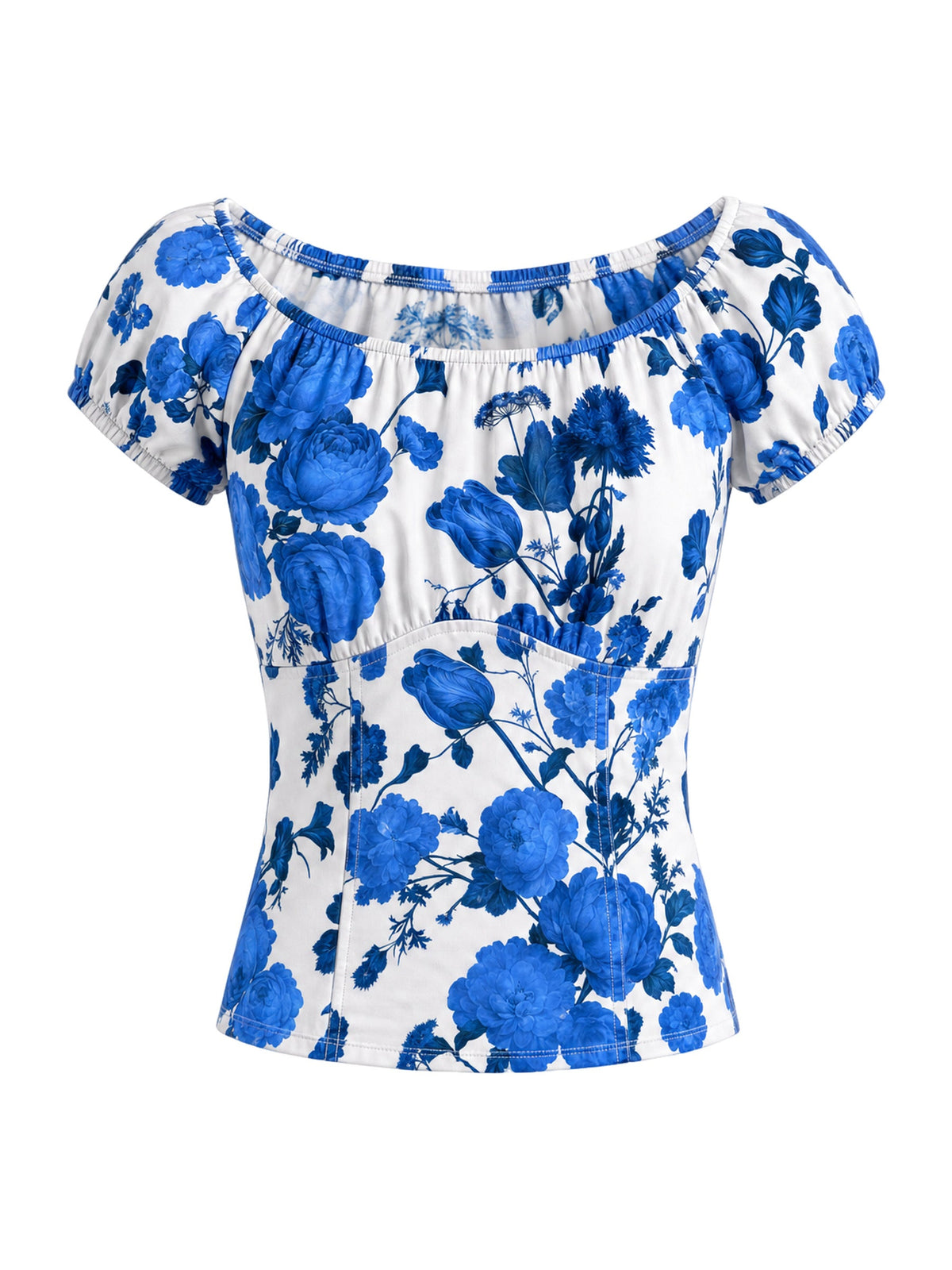 Vintage-inspired peasant top in Fiori Dolce Blue, a blue and white painted floral cotton sateen with an elastic off-the-shoulder neckline and puffed cap sleeves, by Pinup Girl Clothing, sizes XS to 5X