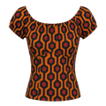 The gathered vintage peasant top in the orange and black Hotel Hexagon print on an invisible mannequin, showing the elasticized neckline and short puff sleeves