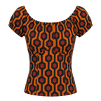 The gathered vintage peasant top in the orange and black Hotel Hexagon print on an invisible mannequin, showing the elasticized neckline and short puff sleeves