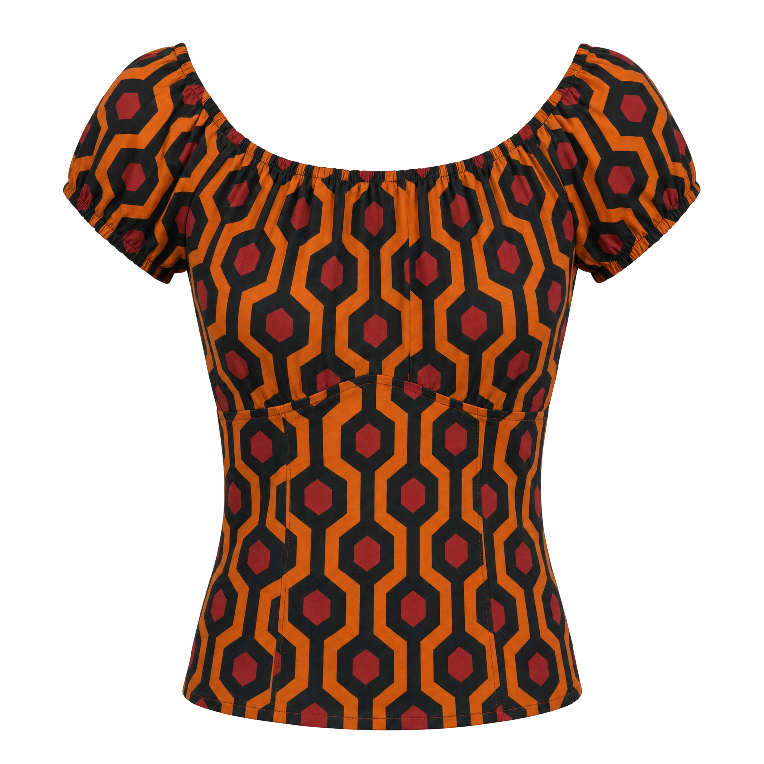 The gathered vintage peasant top in the orange and black Hotel Hexagon print on an invisible mannequin, showing the elasticized neckline and short puff sleeves
