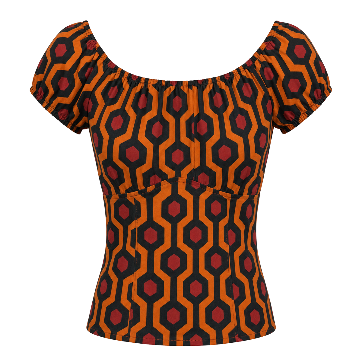 The gathered vintage peasant top in the orange and black Hotel Hexagon print on an invisible mannequin, showing the elasticized neckline and short puff sleeves