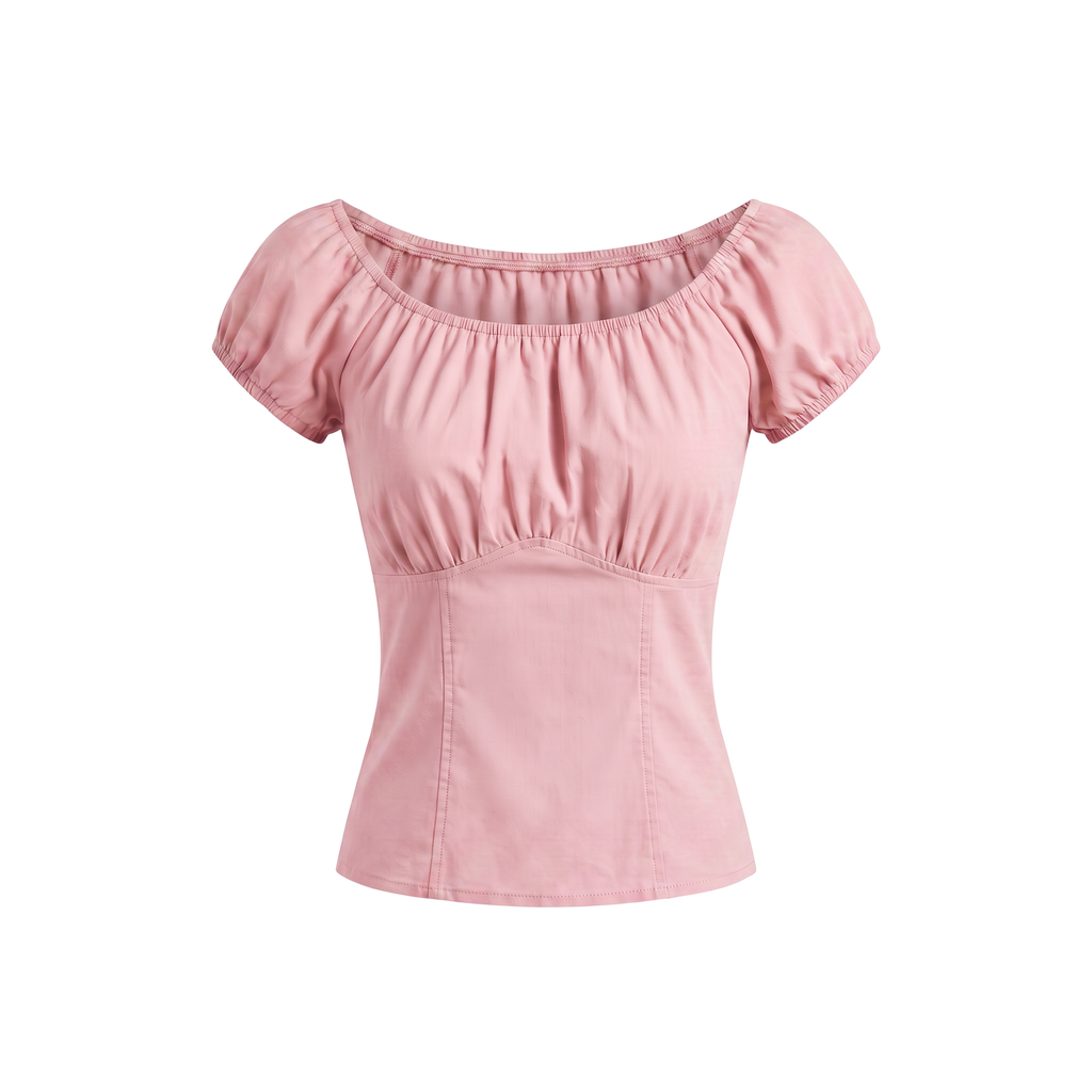 The gathered vintage peasant top in pale Pinup Girl Pink cotton sateen on an invisible mannequin, elasticized neckline and short puff sleeves