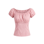The gathered vintage peasant top in pale Pinup Girl Pink cotton sateen on an invisible mannequin, elasticized neckline and short puff sleeves