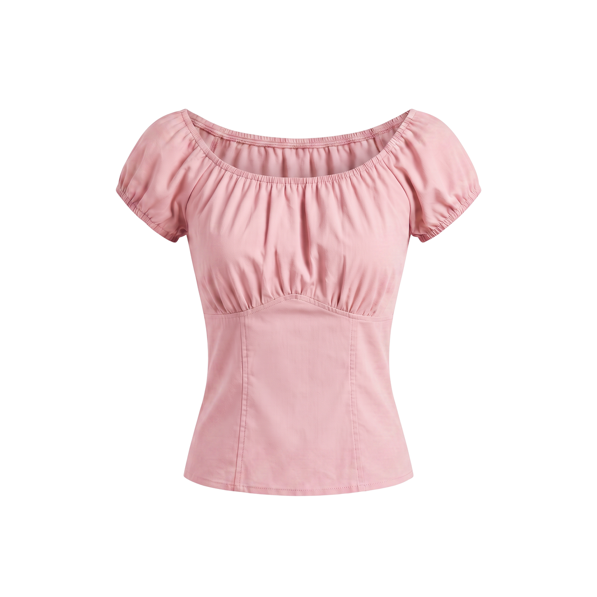 The gathered vintage peasant top in pale Pinup Girl Pink cotton sateen on an invisible mannequin, elasticized neckline and short puff sleeves