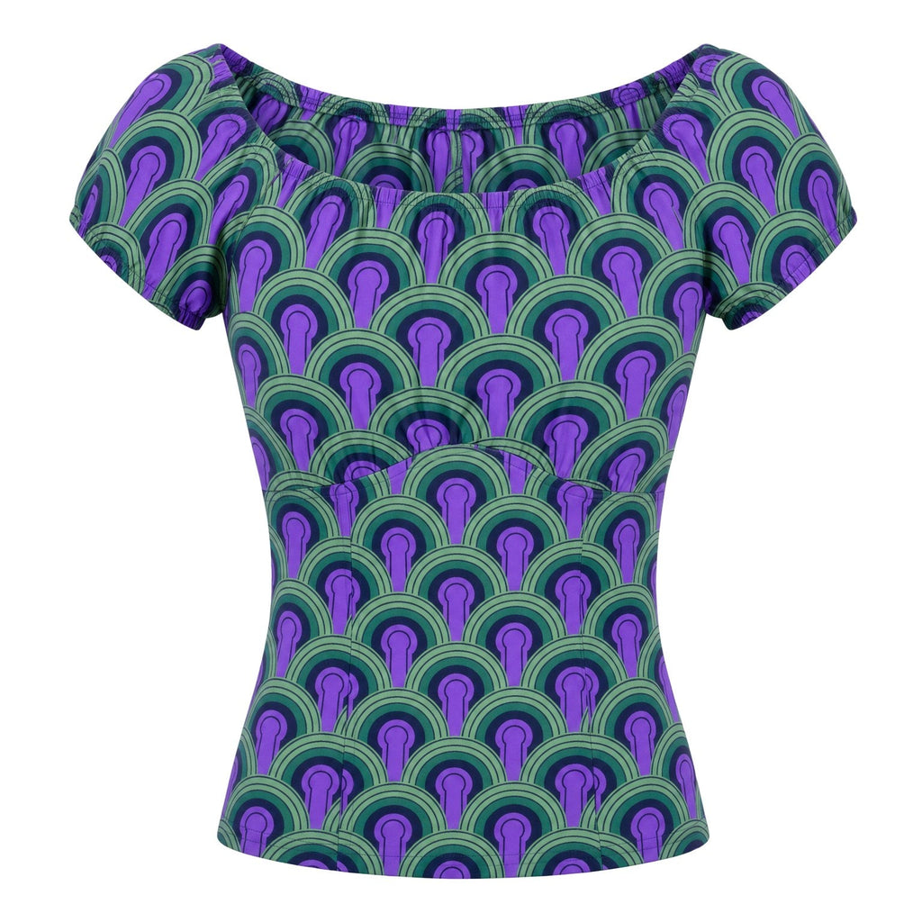 The gathered vintage peasant top in the purple and green Room 237 carpet print, elasticized neckline and short puff sleeves, cotton sateen