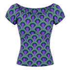 The gathered vintage peasant top in the purple and green Room 237 carpet print, elasticized neckline and short puff sleeves, cotton sateen