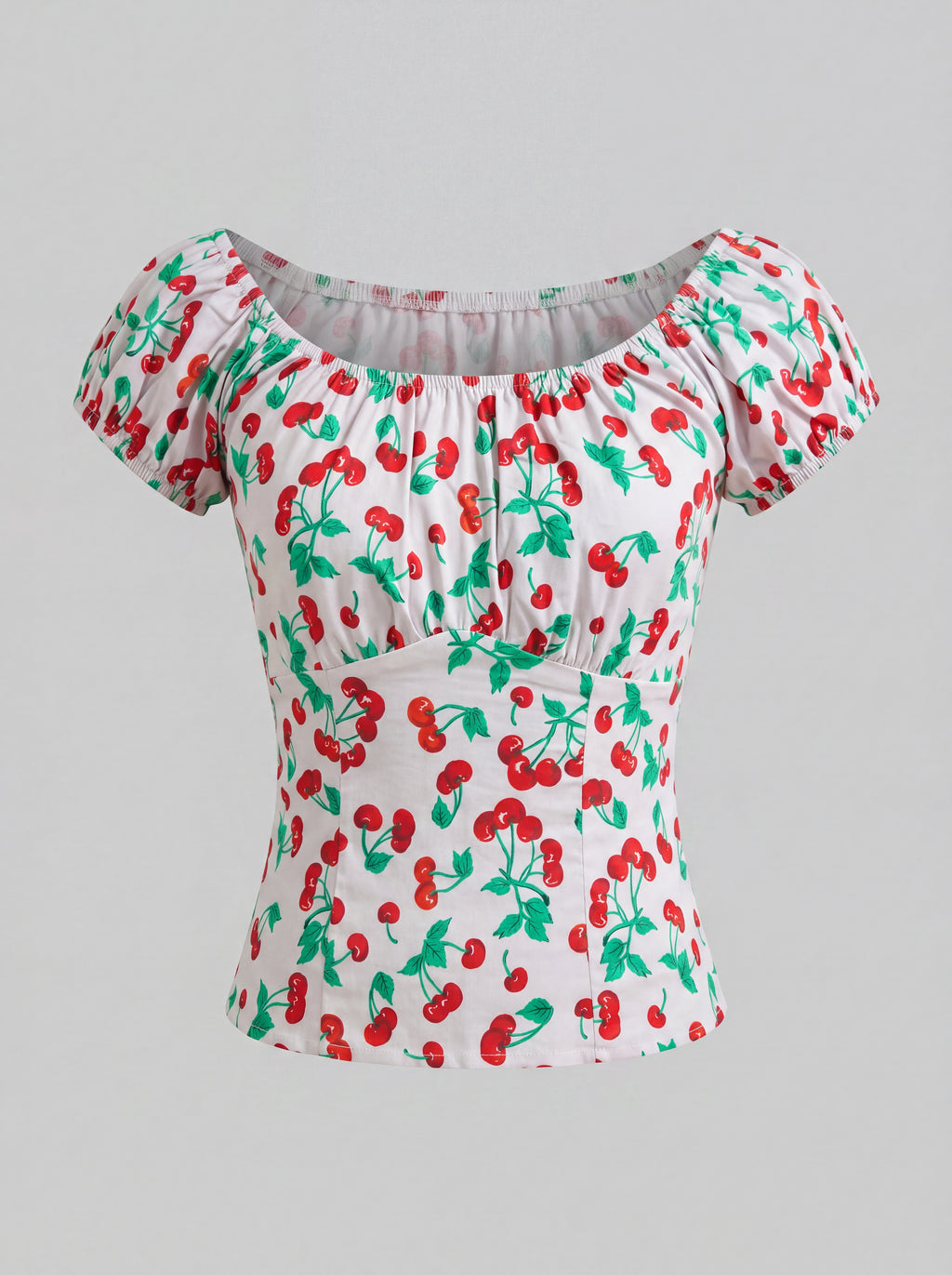 Ivory vintage cherries peasant top, ghost-mannequin view, by Pinup Girl Clothing, sizes XS to 5X.