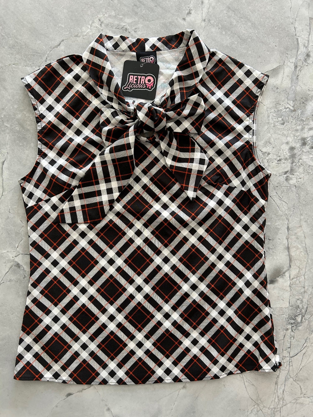 Plaid Bow Top in burgundy and white plaid with an oversized neck bow