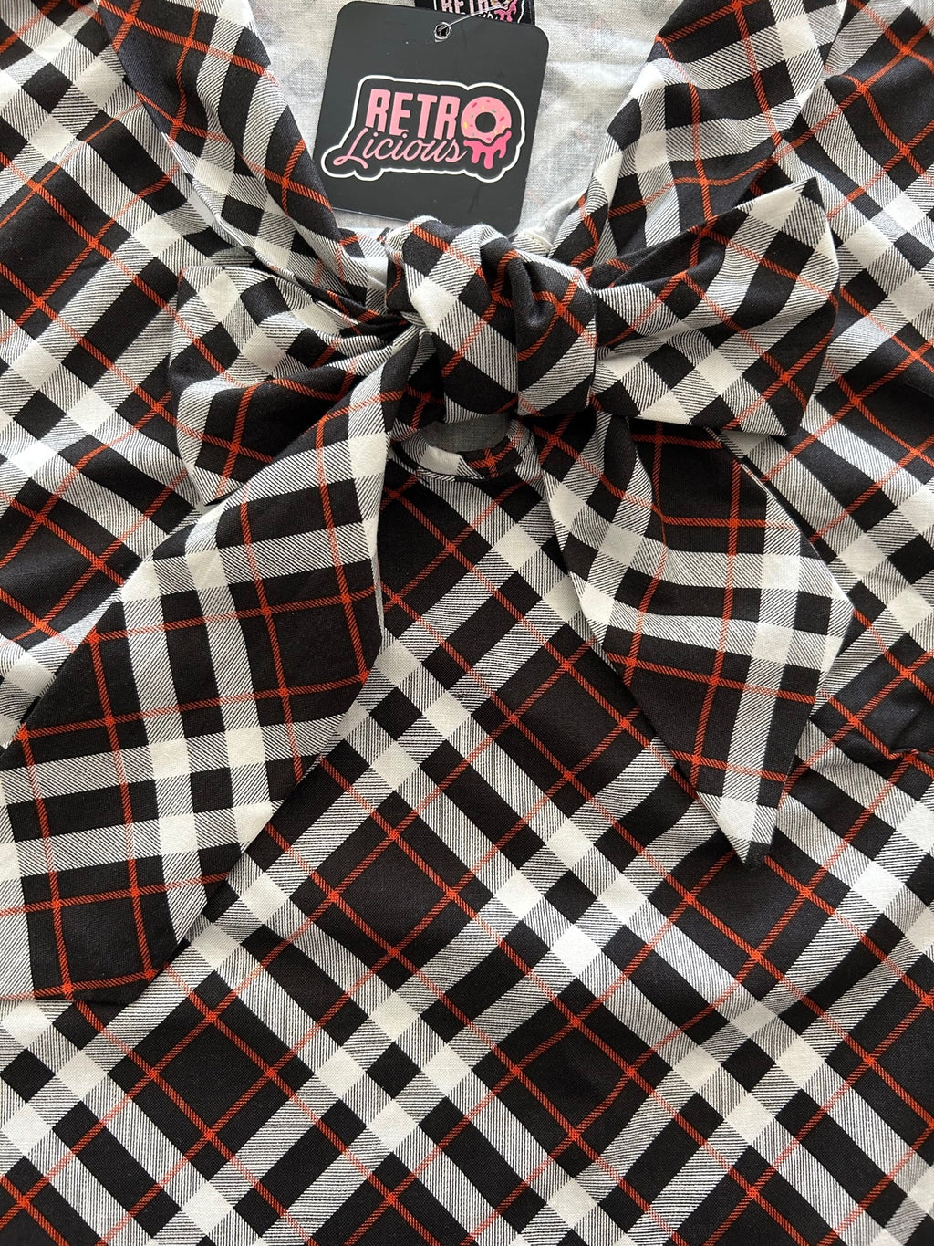 Plaid Bow Top in burgundy and white plaid with an oversized neck bow