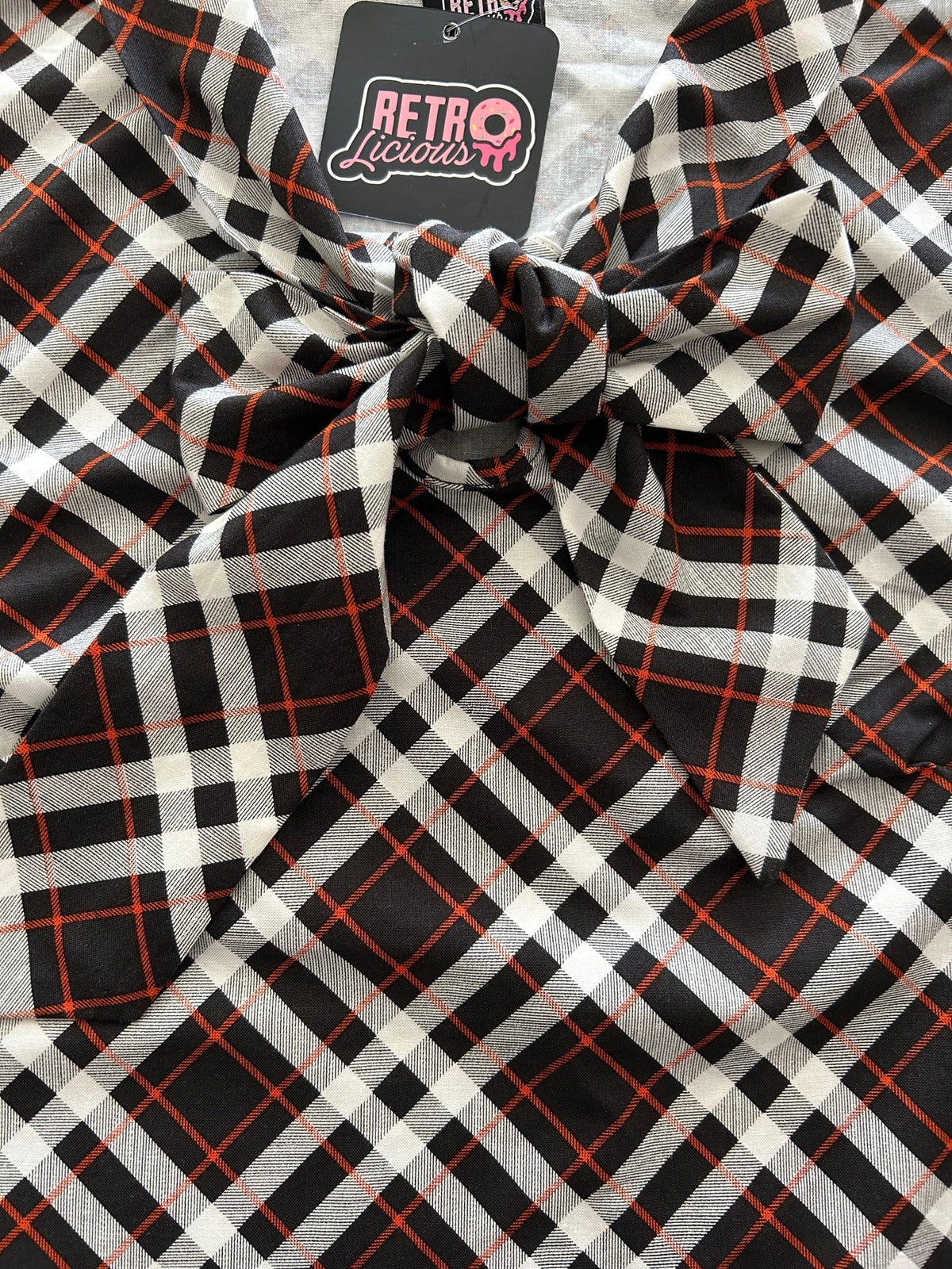 Plaid Bow Top in burgundy and white plaid with an oversized neck bow