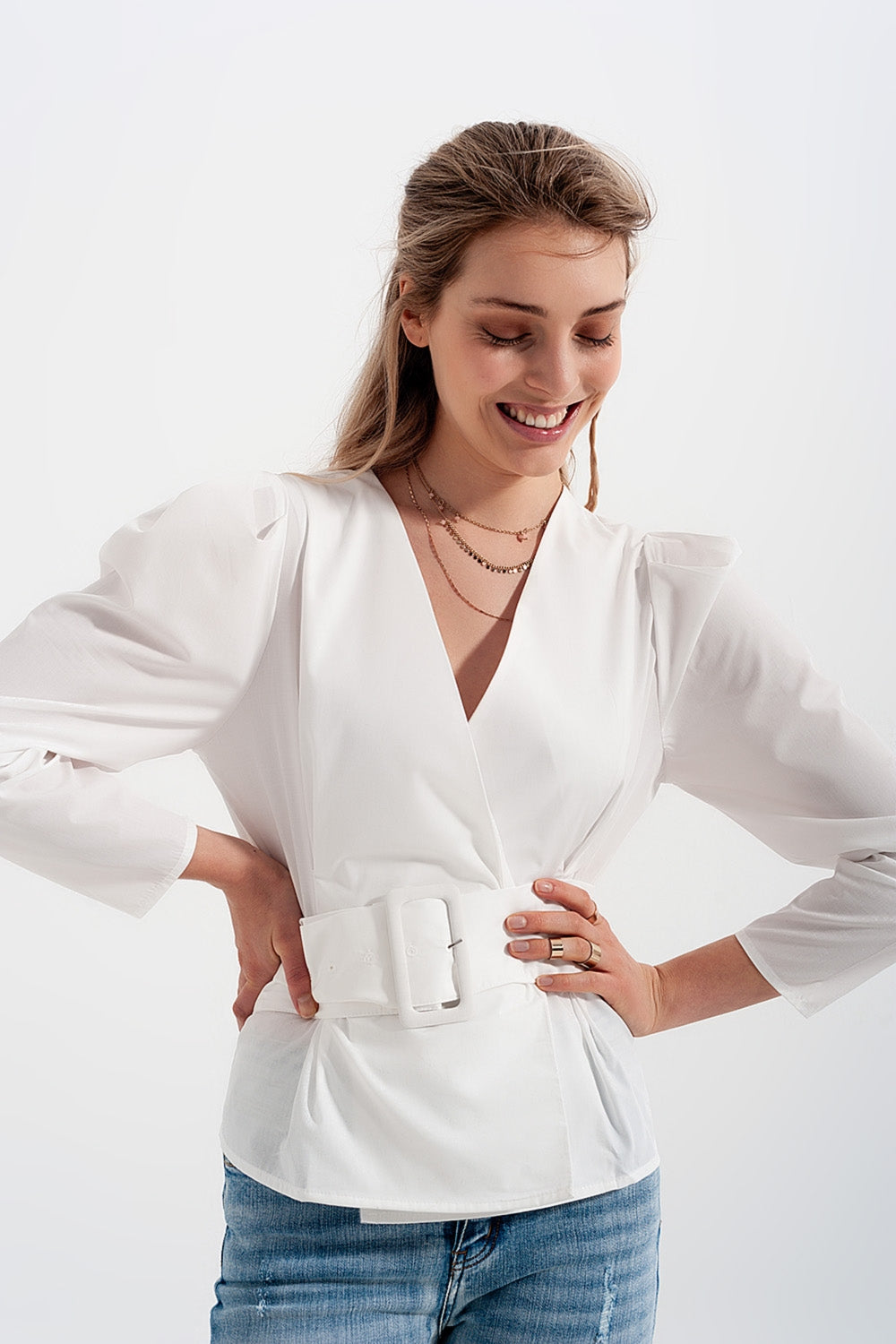 Puff Sleeve Faux Wrap Top With Chunky Belt Detail in White | Q2