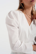 Puff Sleeve Faux Wrap Top With Chunky Belt Detail in White | Q2