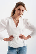Puff Sleeve Faux Wrap Top With Chunky Belt Detail in White | Q2
