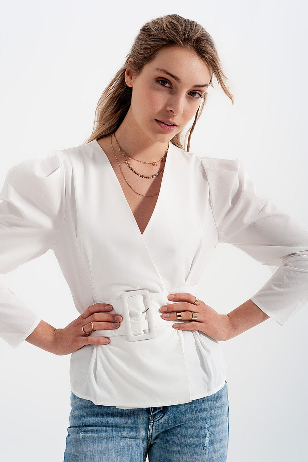 Puff Sleeve Faux Wrap Top With Chunky Belt Detail in White | Q2