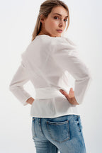 Puff Sleeve Faux Wrap Top With Chunky Belt Detail in White | Q2