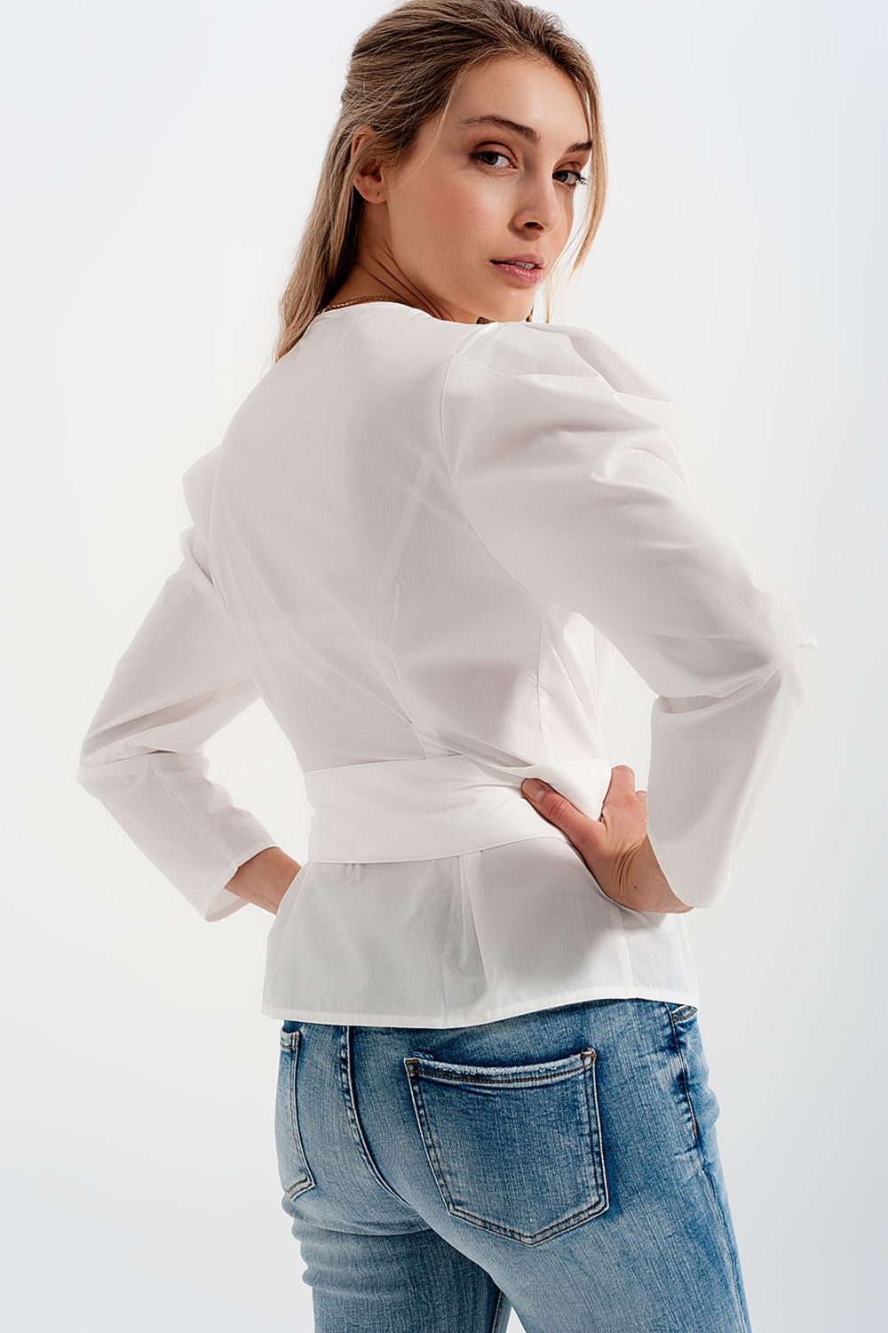 Puff Sleeve Faux Wrap Top With Chunky Belt Detail in White | Q2