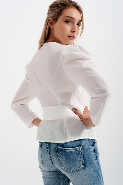 Puff Sleeve Faux Wrap Top With Chunky Belt Detail in White | Q2