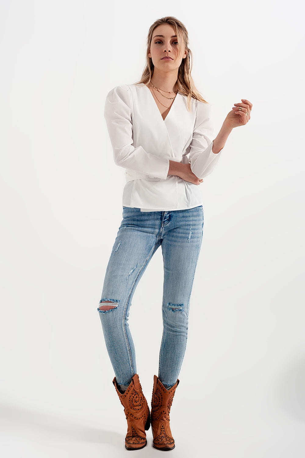 Puff Sleeve Faux Wrap Top With Chunky Belt Detail in White | Q2