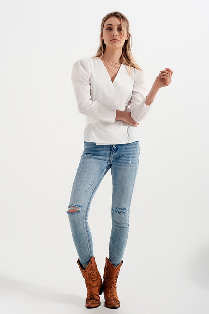 Puff Sleeve Faux Wrap Top With Chunky Belt Detail in White | Q2