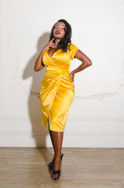 Final Sale - Ava Faux Wrap Wiggle Dress in Golden Mustard Satin | Pinup Couture