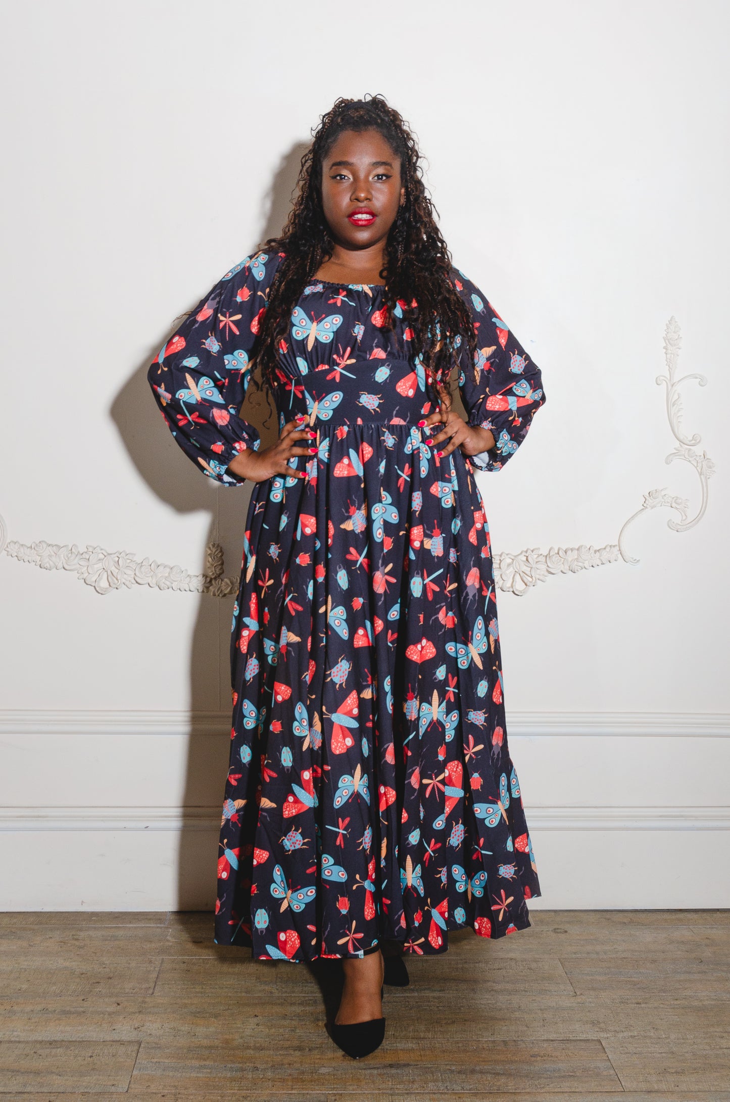 OYS - Final Sale - Swann 70s Maxi Dress in Insect Print Crepe | Laura Byrnes & Hope Johnstun