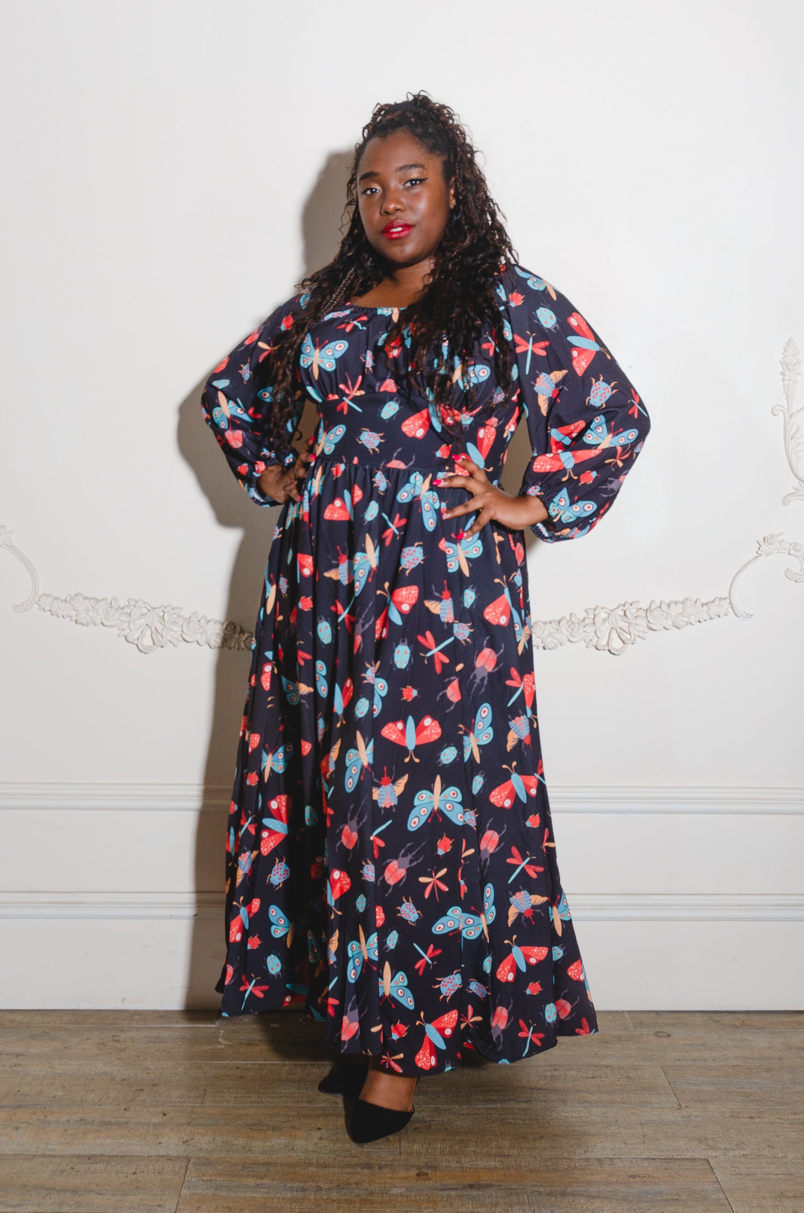 Swann 70s Maxi Dress in Insect Print Crepe | Laura Byrnes