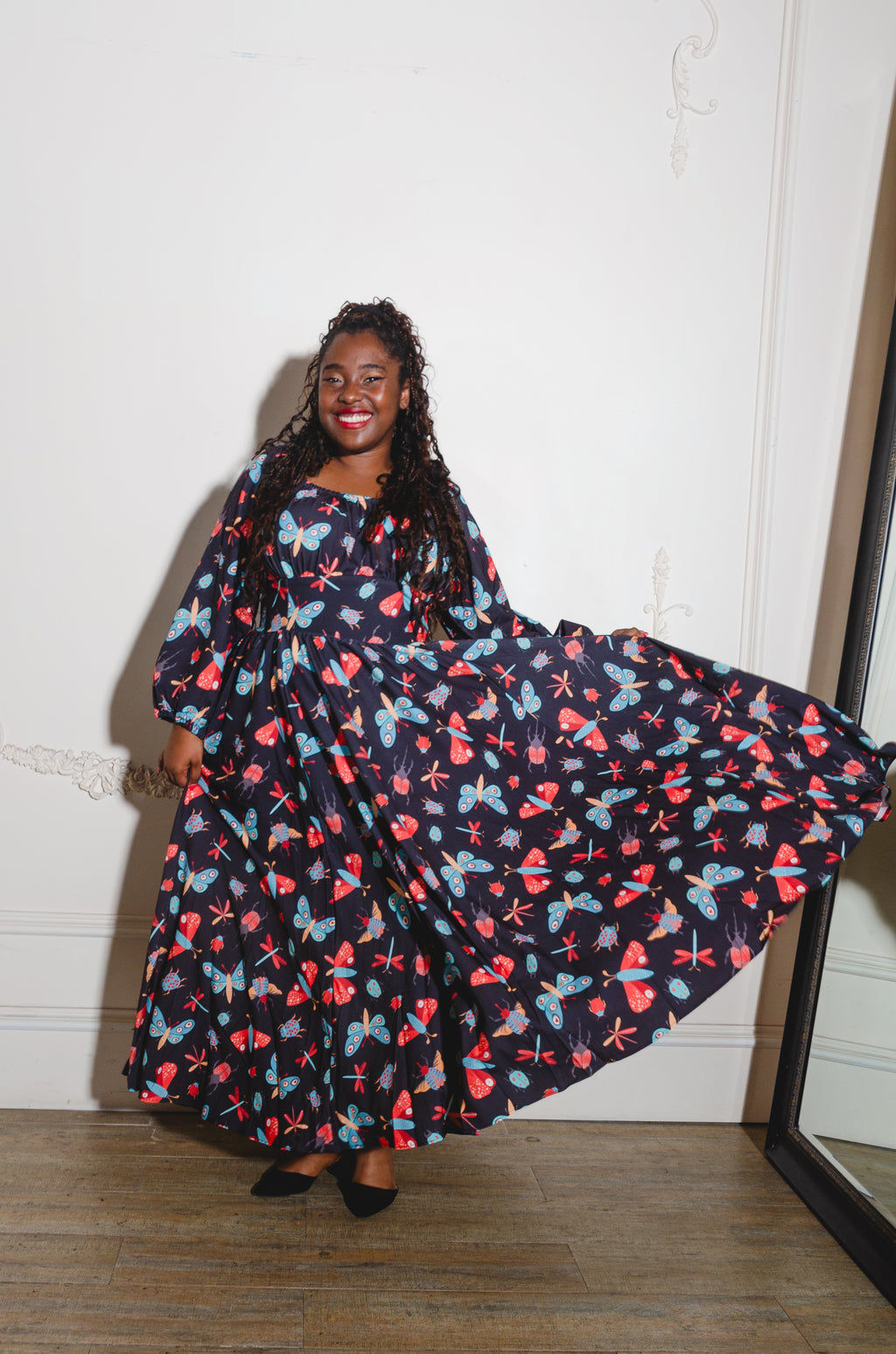 Swann 70s Maxi Dress in Insect Print Crepe | Laura Byrnes