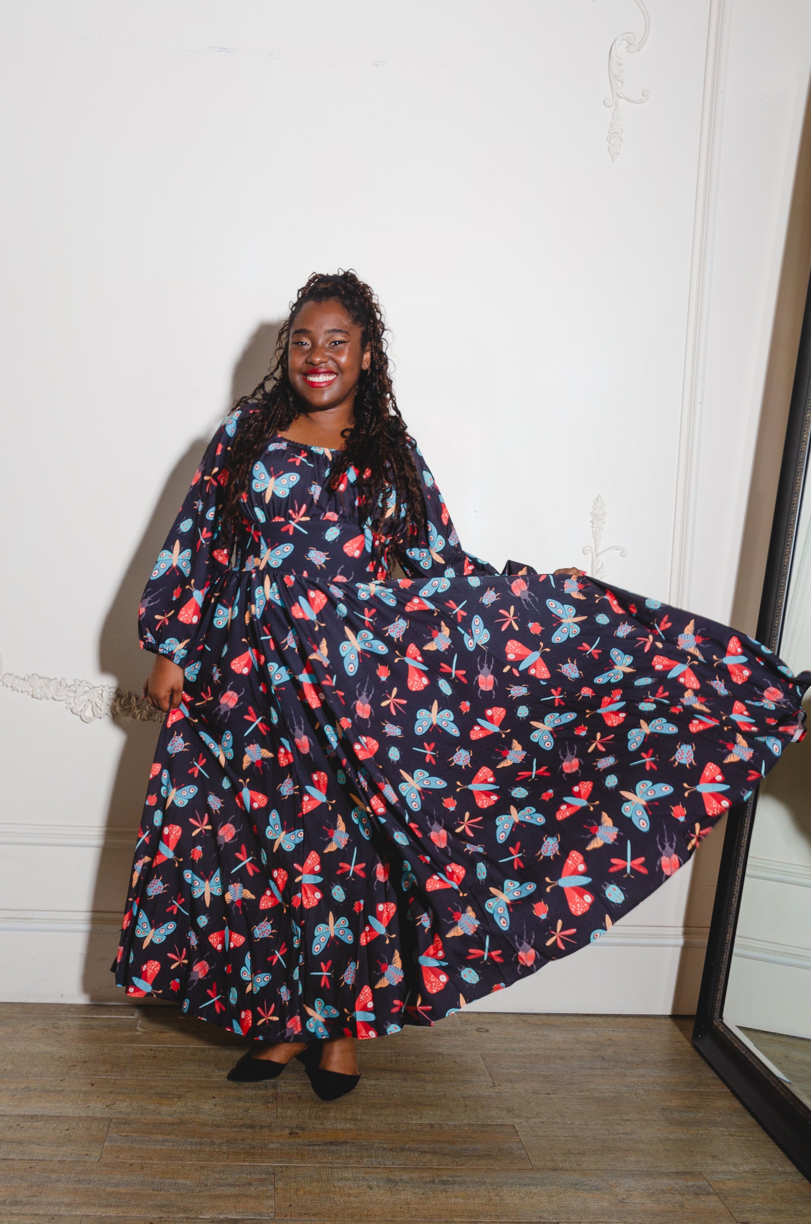 Swann 70s Maxi Dress in Insect Print Crepe | Laura Byrnes
