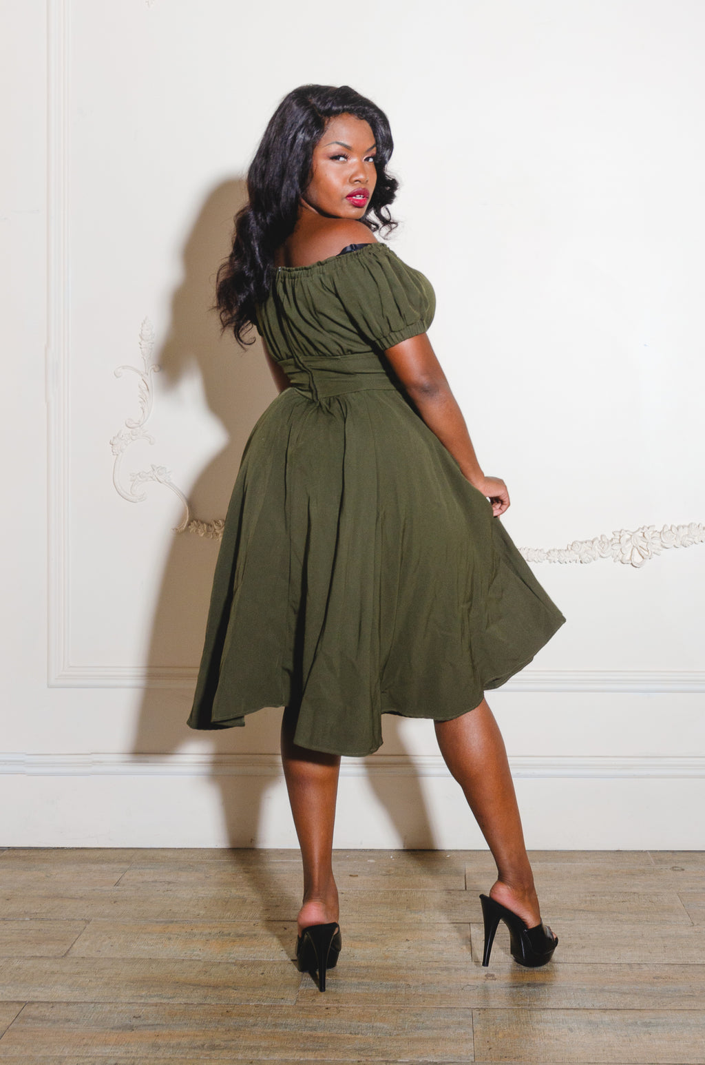 Marie-Therese Peasant Dress with Short Sleeves in Olive Poly Crepe | Pinup Couture