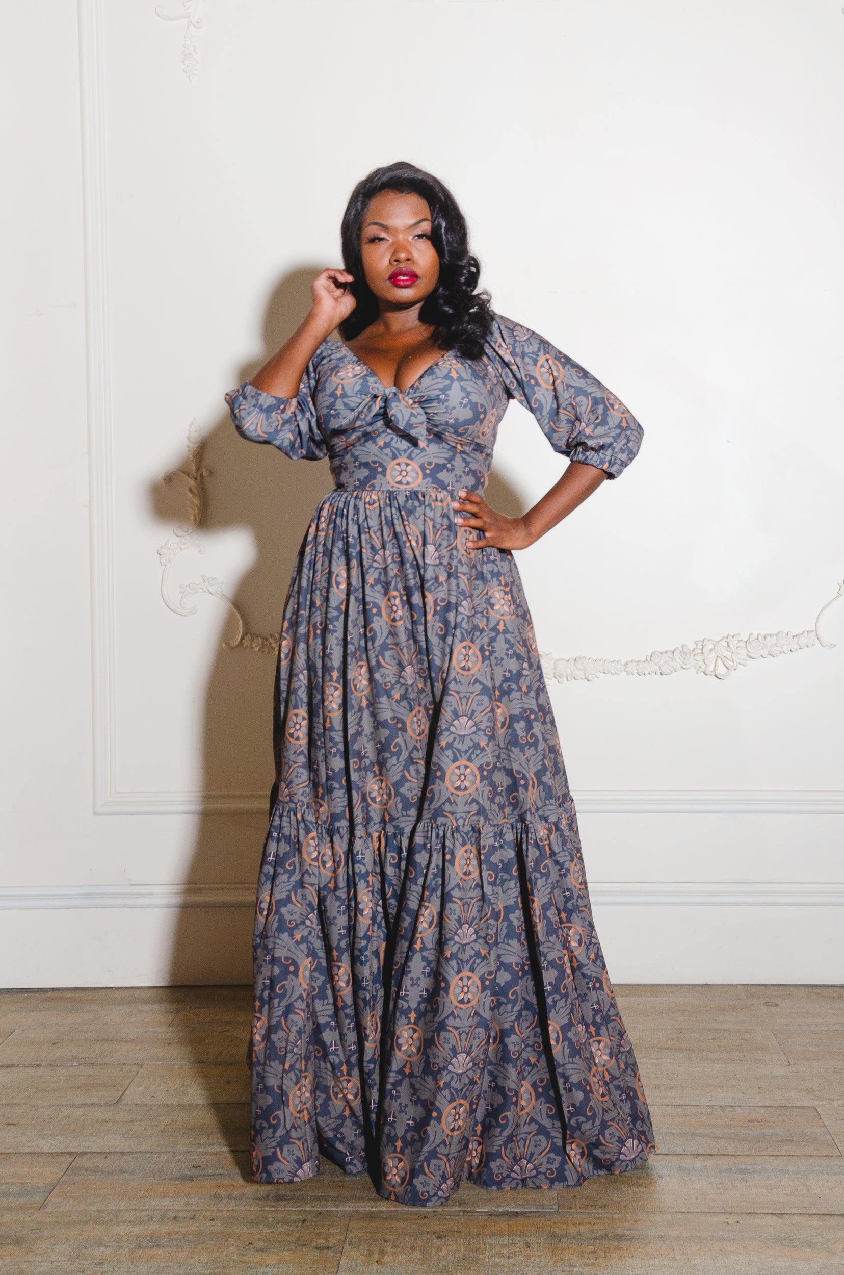 Molly Medieval Maxi in Royal Woods Print Crepe | Byr pinupgirlclothing.com